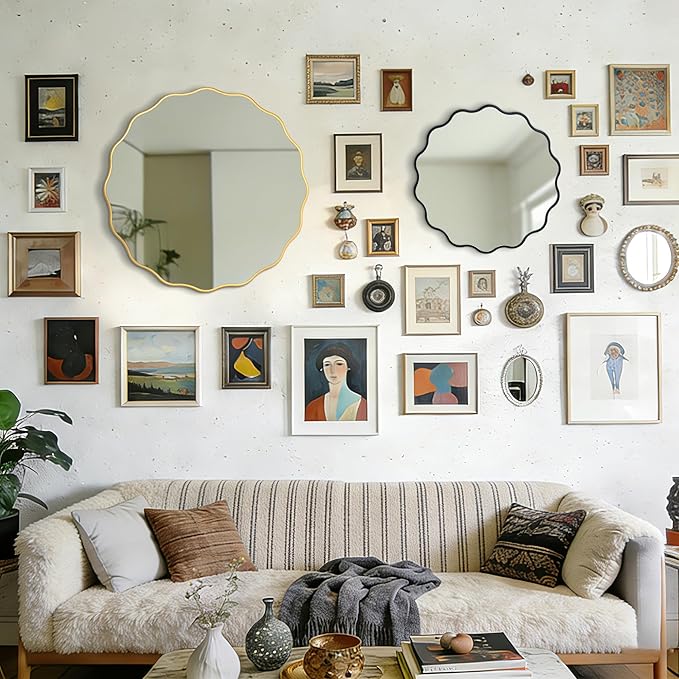 26" Wavy Mirror Scalloped Farmhous Modern Wood Farme Mirror Wall Decor for Bathroom Entryway Living Room Bedroom Hallway