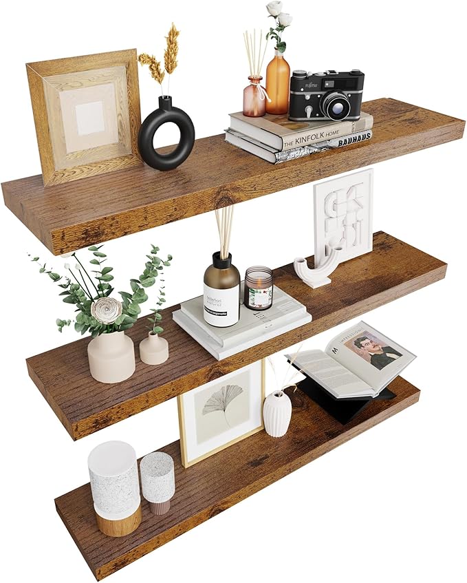 Colima Bathroom Floating Shelves for Wall, 36" Floating Wall Mounted Shelf, Rustic Wood Storage Display Shelves for Home Organization, Bathroom, Kitchen, Living Room (Set of 3, Rustic Brown)