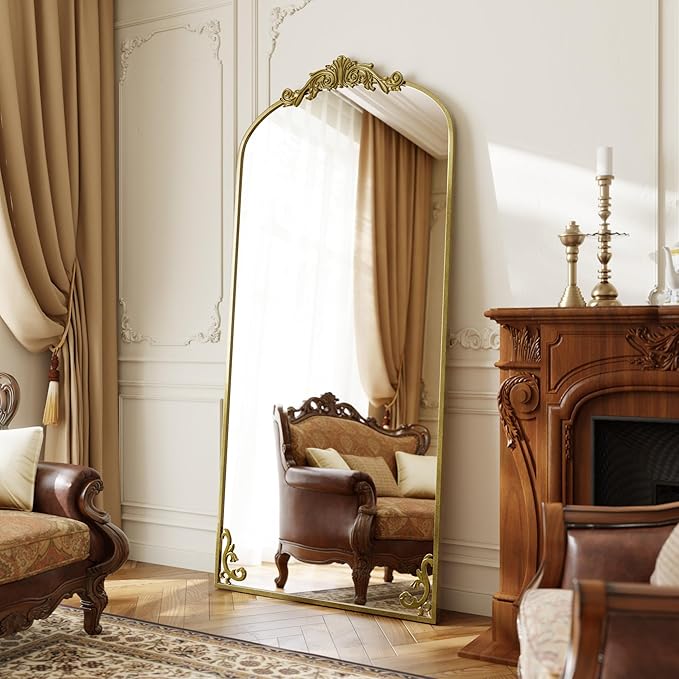 GLSLAND 32"x71" Vintage Full Length Mirror,Large Carved Arched Full Body Mirror with Metal Frame for Bedroom/Living Room/Entryway,Gold