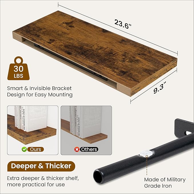 Fun Memories 24 Inch Floating Shelves, 9.3 Inch Deep Rustic Wall Shelves - Extra Deeper Wall Mounted Storage Shelves for Bathroom, Kitchen, Living Room (Brown, Set of 2)