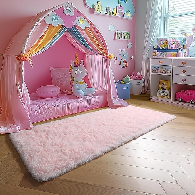 Amdrebio Pink Runner Rug 2x6 for Girls Bedroom, Fluffy Shaggy Bedside Floor Area Rugs for Kids Room Decor, Cute Shag Fuzzy Thick Carpet for Teens Toddler Baby Nursery Preppy Dorm Classroom Playroom
