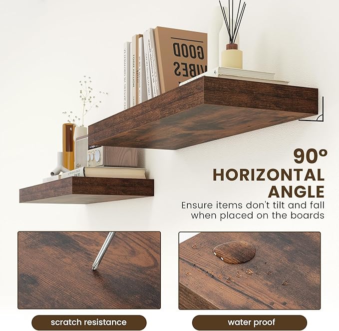 FLYJOE 30 Inch Floating Shelves | 12 Inch Deep Brown Floating Shelves Set of 2 | 30" W x 12" D Rustic Wood Shelves for Wall | Deep Brown Shelves for Living Room Bathroom Laundry Room Kitchen