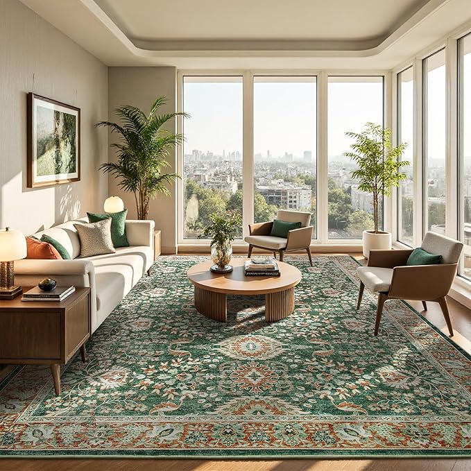 Goideal Washable Rug 6x9, Vintage Area Rugs Non Slip, Indoor Low Pile Carpet with Rubber Backing for Living Room Kitchen Bathroom Entryway Office Bedroom, Green & Orange