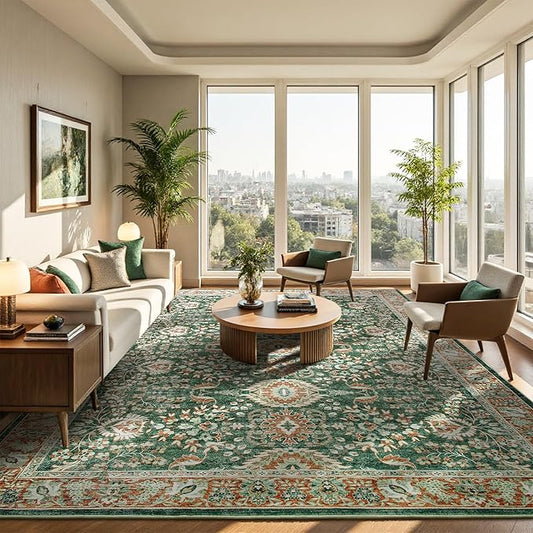 Goideal Washable Rug 6x9, Vintage Area Rugs Non Slip, Indoor Low Pile Carpet with Rubber Backing for Living Room Kitchen Bathroom Entryway Office Bedroom, Green & Orange