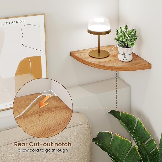 Fun Memories Corner Shelf Wall Mount, Solid Oak Wood Floating Corner Shelves with Cable Hole, 10in Rustic Design for Bedroom, Bathroom, Kitchen, Living Room (Natural, 1 Pack)