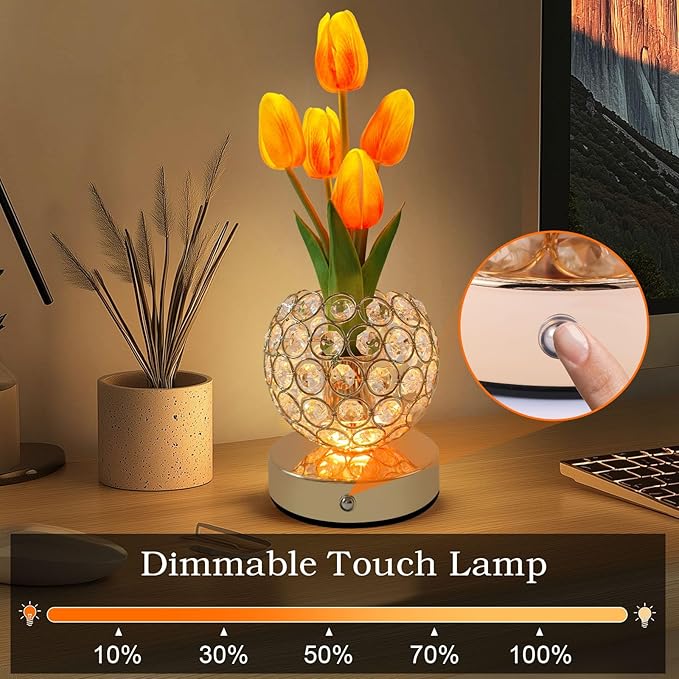 Cordless Tulip Flower Lamps, 3 Colors Touch Stepless Dimming Crystal Night Light, Rechargeable Artificial LED Flower with Vase Lamp Romantic Decor for Mothers Day,Xmas,Birthday (OG)