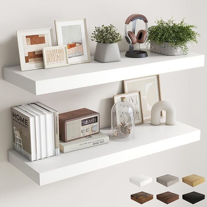 Fun Memories 12 Inch Deep Floating Shelves, 40 x 12 Floating Shelves for Wall Set of 2, Extra Deeper Hanging Wood Wall Shelves for Bedroom, Living Room, Kitchen, White