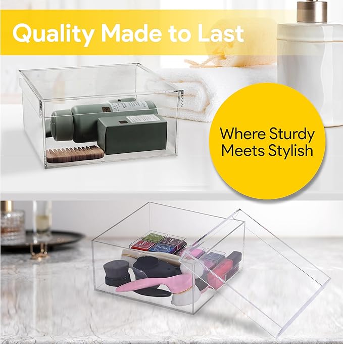 Hammont Rectangle Clear Acrylic Storage Box with Fitted Lid – 7.8″ × 7.8″ × 3.8″ Durable Organizer Bin for Bathroom, Makeup, Jewelry, Crafts & Pantry – 1 Pack