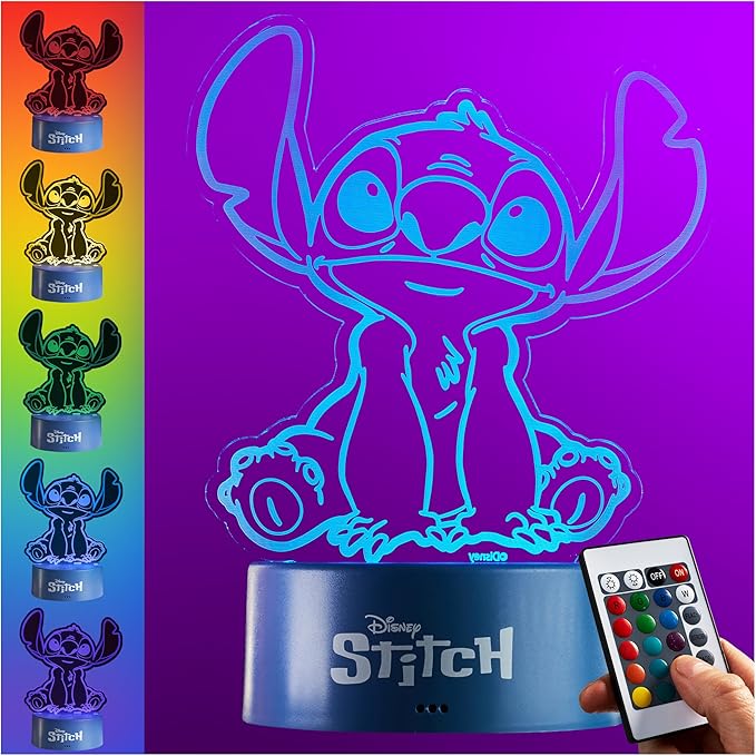 Get Trend Disney Stitch 3D Illusion Night Light for Kids, 16 Colors, 4 Lighting Modes, Dimmable, Dual Powered LED Desk Lamp with Remote Control, Bedroom Decor, Gifts for Boys, Girls (Multi Stitch)