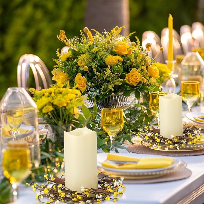 Daifunli 2 Pcs Spring Country Primitive Yellow Pip Berry with Rusty Tin Stars Candle Ring Vintage Pip Berries Wreaths for Pillar 3.9 Inch Candles Holder for Spring Easter Rustic Table Centerpiece Deco
