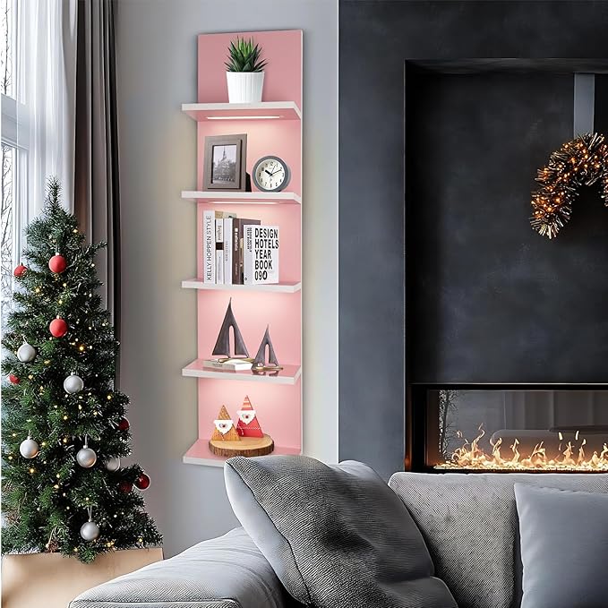 5 Tier Pink Wall Shelf Unit, Pink Shelves, Wall Shelves for Bathroom,Bedroom, Vanity Shelves, Wall Mount Vertical Lack Shelf with led