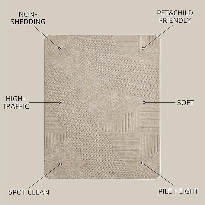 8x10 Solid Color Area Rugs, Brown Modern Geometric Rug, Living Room Rug, Durable Non-Slip Soft High-Low Pile, Fluffy Floor Rugs for Bedroom, Kids Room, Nursery, Home Décor, Light Brown