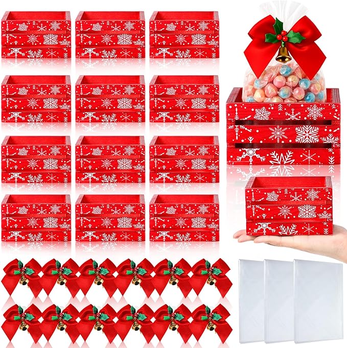 AceOrbit 12 Pcs Winter Wooden Gift Boxes 5 Inch Red Snowflakes Storage Basket Set with 12 Holly Bows and 12 Clear Gift Bags Small Decorative Nesting Organizer Boxes for Winter Craft Xmas Candy