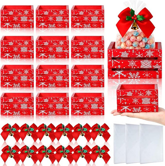 AceOrbit 12 Pcs Winter Wooden Gift Boxes 5 Inch Red Snowflakes Storage Basket Set with 12 Holly Bows and 12 Clear Gift Bags Small Decorative Nesting Organizer Boxes for Winter Craft Xmas Candy
