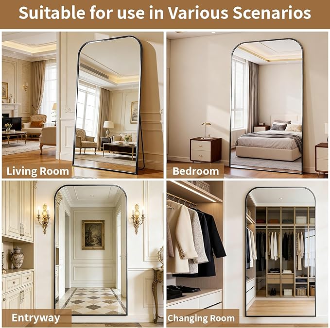Full Length Mirror 86"x40" Arched Floor Standing Large Mirrors Full Body Mirror with Stand - with Aluminum Frame for Bedroom Living Room, Black