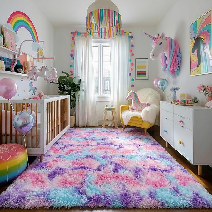 Amdrebio Hot Pink Rainbow Area Rug for Girls Room 5x7, Soft Fluffy Cute Fuzzy Colorful Kids Rugs for Bedroom Nursery Playroom Classroom, Shaggy Floor Princess Carpet for Baby Toddler Teen, Home Decor