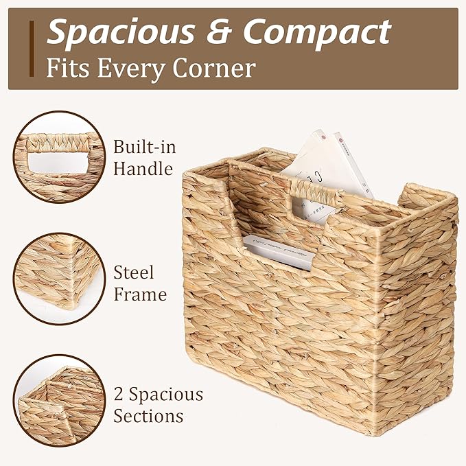 Water Hyacinth Magazine Basket, Dual Compartment Storage Basket with Handle, Natural Fiber Wicker Storage Baskets for Shelves Home Organization & Office Organizer
