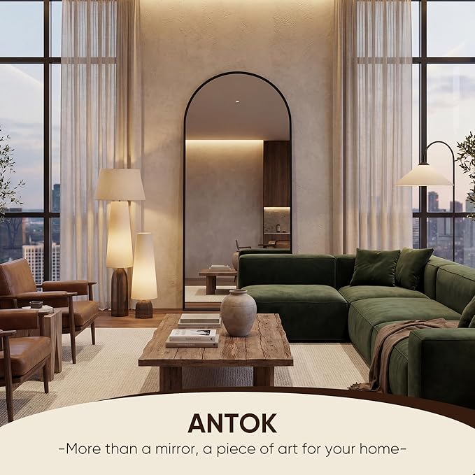 Antok 56" x15” Arched Full Length Floor Mirror, Black Aluminum Frame, Free Standing/Wall Mount/Leaning for Bedroom, Living Room, Dressing Room