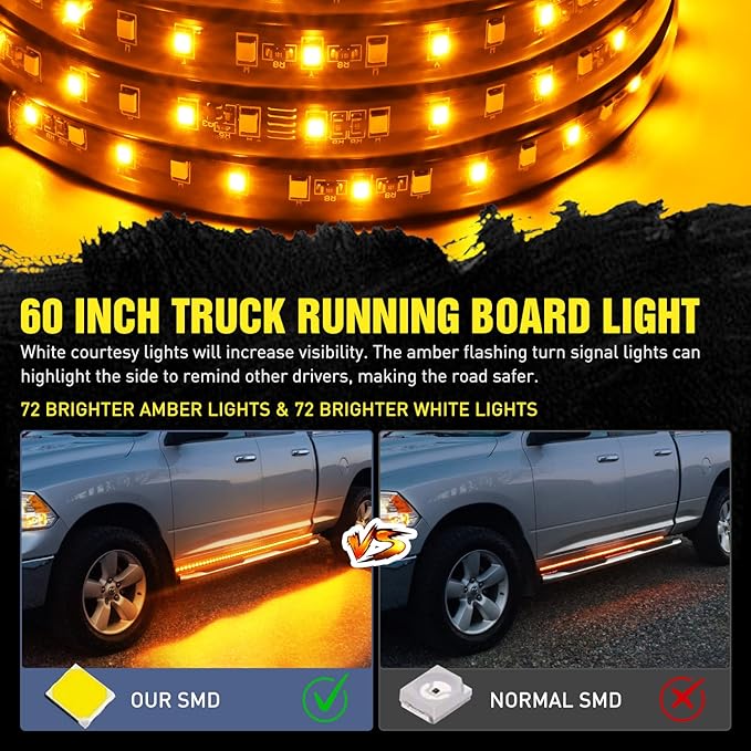 Nilight Truck Running Board Lights 2PCS 60 Inch LED Side Maker White Courtesy Light & Sequential Amber Turn Signal Lighting Strips Kit for Trucks Pickup SUV