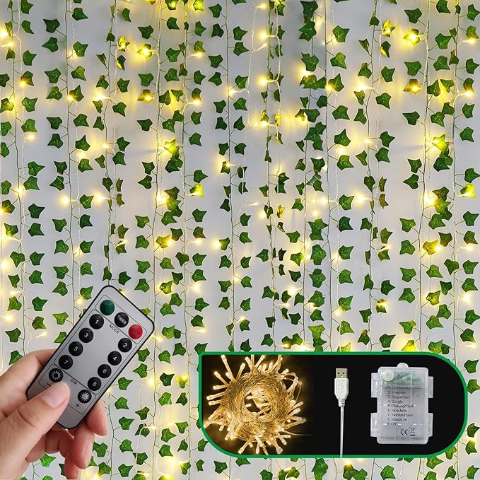 Freyalife Artificial Vines with LED Fairy Lights, 33ft Green Silk Ivy Garland, 8 Light Modes, Remote Control, Indoor Decor for Bedroom, Living Room, Wedding, Party