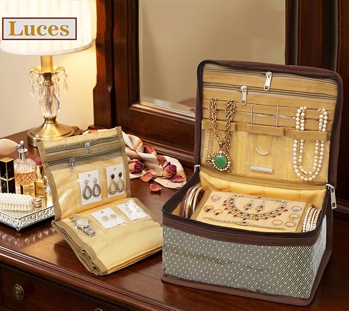 atorakushon Nylon MakeUp Organizer Case Travel Jewelry Bag Transparent Ring Earring Storage Box for Bracelet Pendant Holder with 7 Clear Zippered Pouch Brown