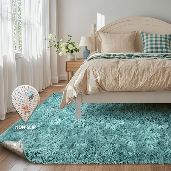 Teal Rug for Bedroom 4x6 Shag Area Rugs, Modern Plush Non-Slip Soft Carpets for Kids Nursery Dorm Daycare Living Room Floor