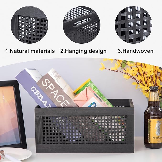 Wooden Storage Baskets,Black Woven Bamboo Basket Nesting Boxes with Built-in Handle for Pantry, Kitchen,Living Room,Shelves,Set of 2