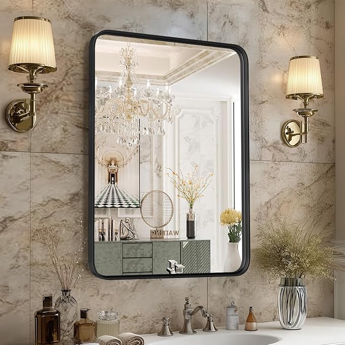 OLIXIS Bathroom Mirror for Over Sink, 24x36 Inch Wall Rectangle Mirror with Matte Metal Framed, Modern Wall Mount Vanity Mirror for Home Decor, Living Room, Bedroom, Black