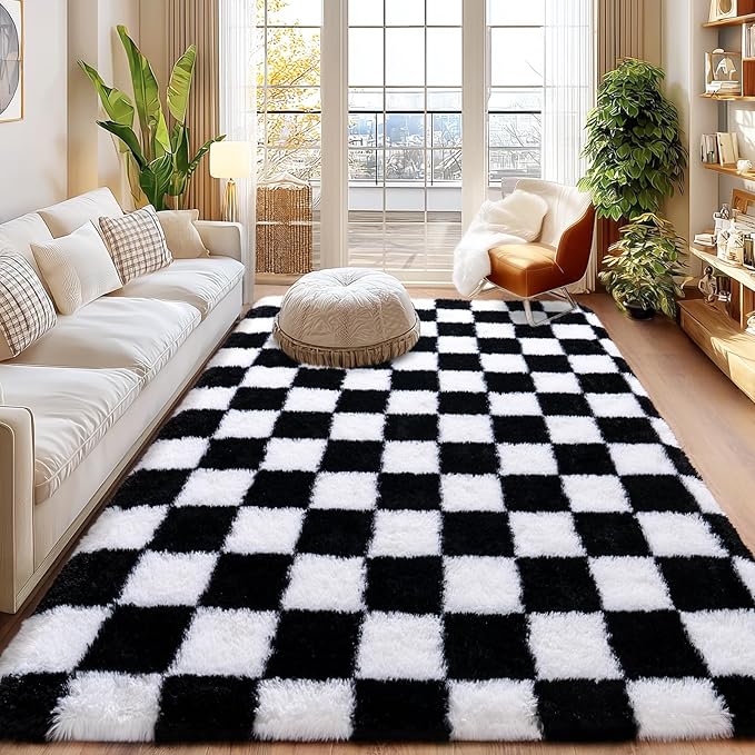 Checkered Rugs for Living Room Bedroom, 5x7 Area Rugs for Living Room, Modern Shaggy Carpets Fuzzy Rug for Boys Girls Dorm Nursery Home Decor Aesthetic, Upgrade Non-Slip Durable, Black and White