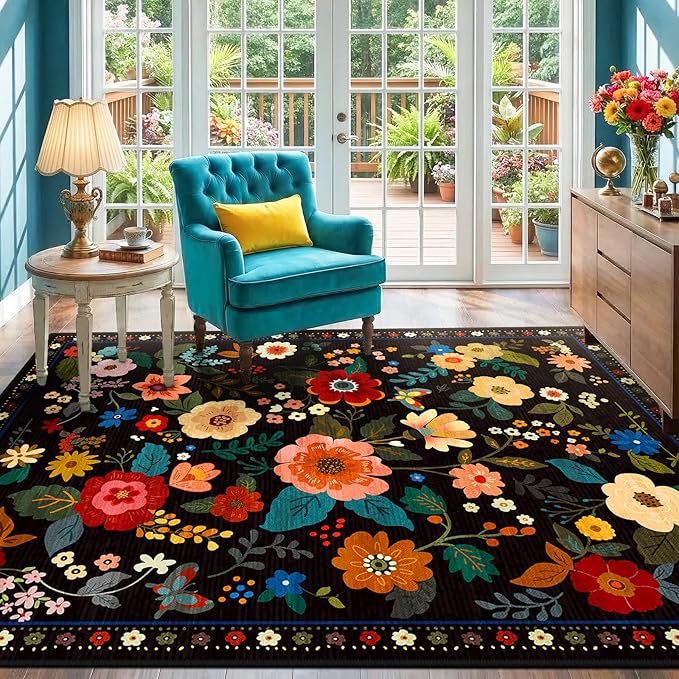 RELEANY Floral Nursery 4x6 Area Rugs Washable Print Boho Cute Carpet Non Slip Flower Low Pile for Living Room Kids Girls Playroom Bedroom Kitchen Office Farmhouse-Black