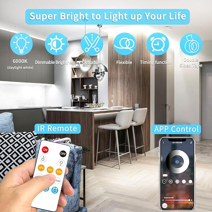 COB LED Strip Lights 100ft,6000K DC 24V Dimmable White Flexible LED Lights Strip for Bedroom,with Remote and app Control LED Rope Lights for Living Room,Shelf,Cabine,Bed(2 Rolls of 50ft)