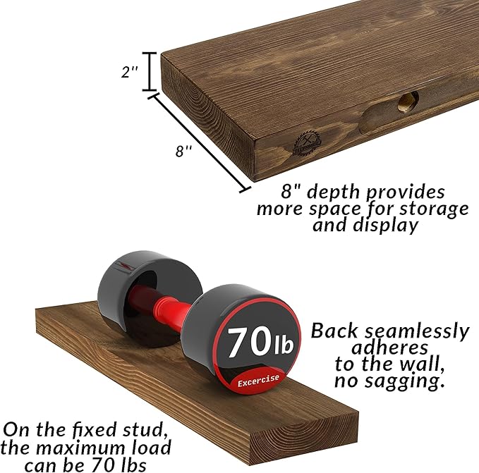48 Inch Floating Shelves,8-Inch Deep High-End Solid Wood Floating Shelves for wall Set of 2,Rustic Walnut Wall Shelves for Bedroom Kitchen&Living Room,Sturdy Hidden Bracket,48x8x2,Walnut Finish
