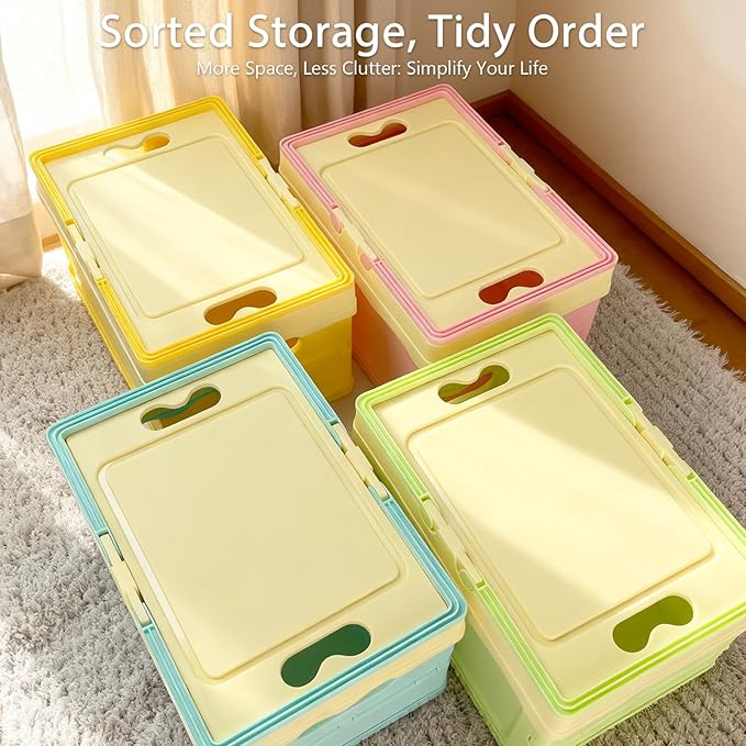 Tobeso-Nuoze Pastel Plastic Storage Bin with Lid Small Cute Foldable Pastel Crates Plastic Basket Colorful Storage Containers Baskets for Classroom Kitchen Office Bedroom Desktop Home Decor (Pink)