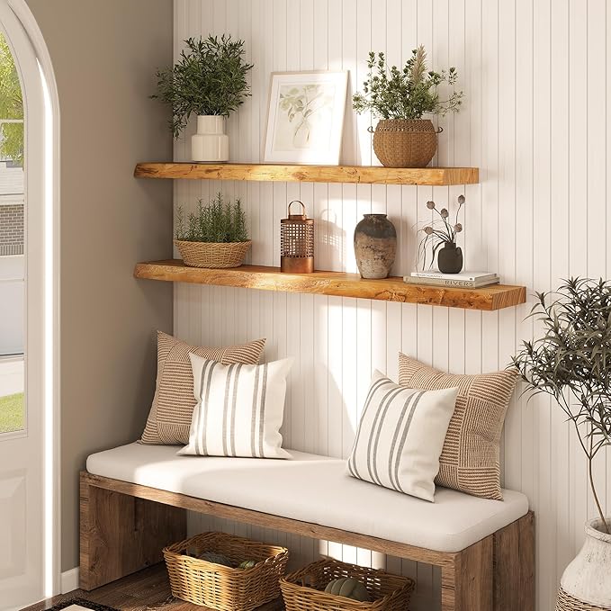 Live Edge Floating Shelf 55 Inch Extra Long | Solid Rustic Elm Wood with Invisible Brackets | Wall Mounted Shelf for Living Room, Kitchen, Bathroom | Natural