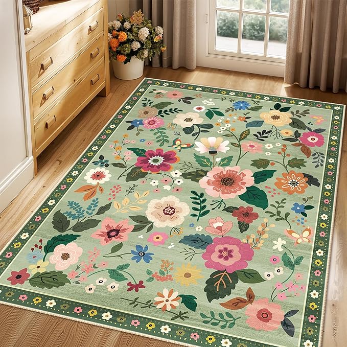 RELEANY Floral Nursery 3x5 Area Rugs Washable Print Boho Cute Carpet Non Slip Flower Low Pile for Living Room Kids Girls Playroom Bedroom Kitchen Office Farmhouse-Light Green