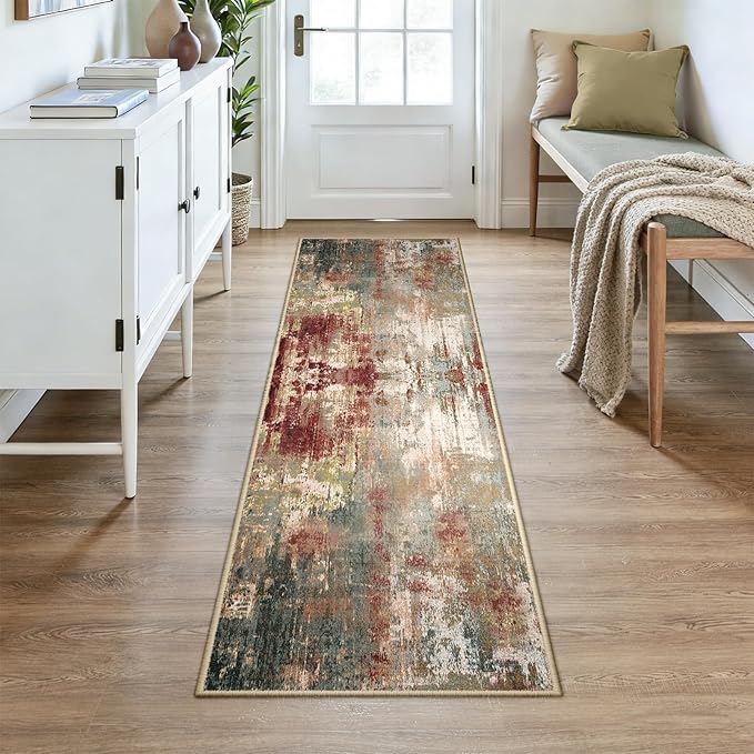 RELEANY Washable Area Rugs 2x7 Non-Slip Modern Abstract Soft for Living Room Entryway Bedroom Nursery, Print Pattern, Brown Rust Red Green Blue Multi