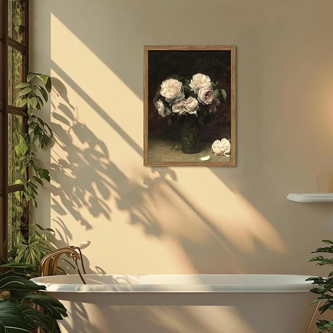 Vintage Floral Wall Art, Framed Moody Dark Roses Canvas Wall Art, Botanical Flowers Pictures Print, Retro White Roses Oil Painting Artwork Wall Decor for Bedroom Kitchen Bathroom – 12x16 inch