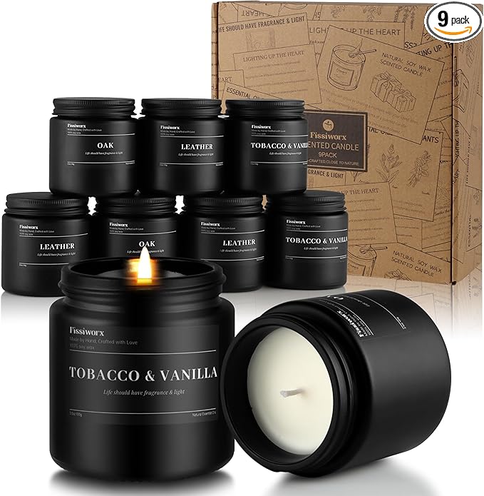 FISSIWORX 9 Pack Scented Candles Set Gifts for Men, Aromatherapy Candle Set with Scents (Leather/Vanilla/Oak) - Gift for Dad, Boyfriend, Birthday, Father’s Day, Anniversary