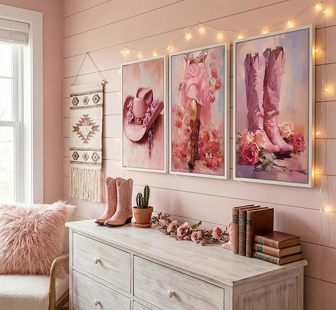 3Pcs Pink Cowgirl Canvas Wall Art Funky Cowgirl Boots Posters Prints Paintings Western Flower Boots Hat Aesthetic Pictures Wall Decor for Preppy Room Bedroom Apartment Decoration Unframed