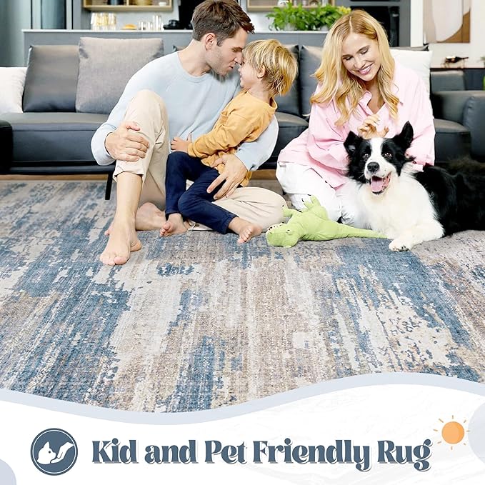 XLUEZ 10x14 Area Rugs for Living Room, Washable Modern Abstract Large Area Rug Neutral Soft Non Slip Kids Rug Stain Resistant Indoor Carpet for Bedroom Dining Room Playroom Office(BlueBeige, 10'x14')