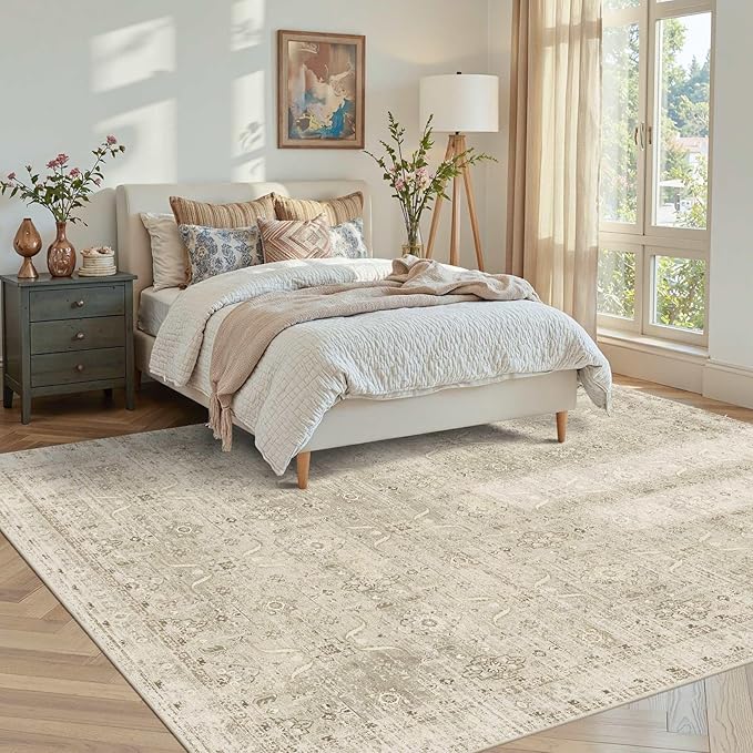 Rugxara 5x7 Area Rugs for Living Room Bedroom, Beige Washable Neutral Rug, Vintage Floral Retro Boho Non Slip & Low Pile Carpet for Dining Room, Classroom, Dorm, Nursery and Kids Room-Beige/Cream