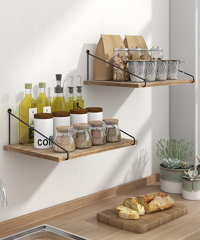 Afuly 12 Inch Deep Floating Shelves for Wall, Rustic Farmhouse Wall Mounted Hanging Shelf Large Wood Organizers Bookshelf, Set of 2