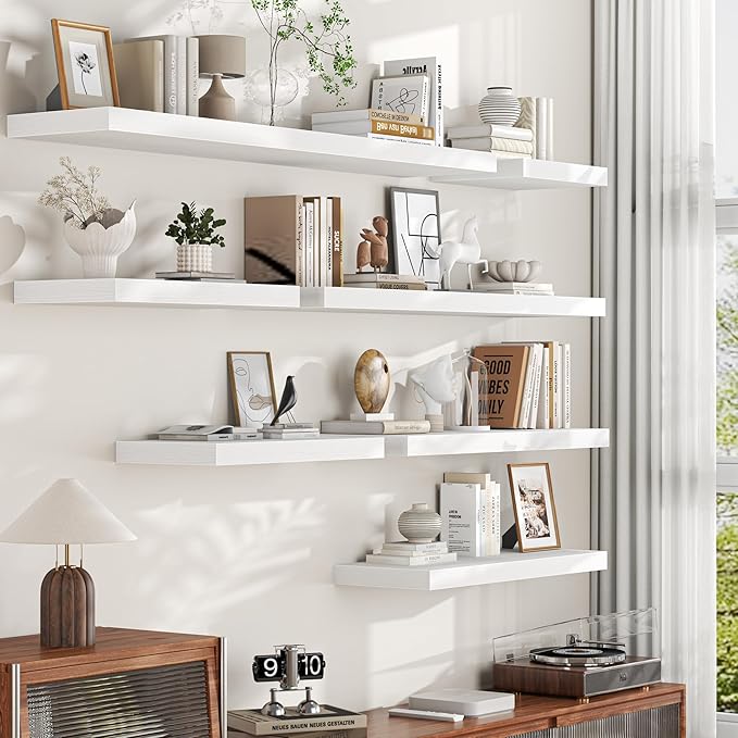 Fun Memories White Floating Shelves - 2 Pack 30 Inch Long Rustic Wooden Wall Shelves - 12 Inch Deep Wall Mounted Storage Shelf with Invisible Heavy-Duty Brackets for Books, Bathroom, Kitchen