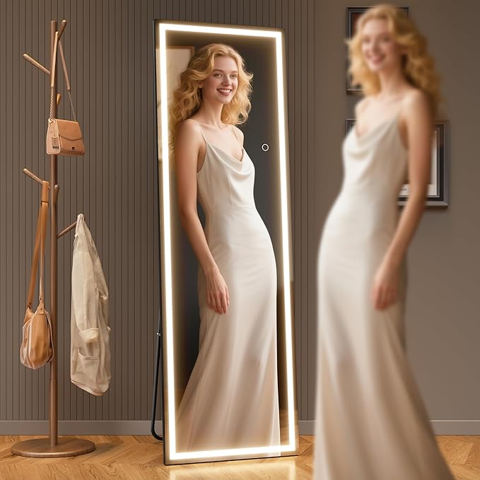 Full Length Mirror with Lights, 56" x 18" LED Lighted Floor Standing Body Mirror, Dimmable & 3 Color Lighting for Bedroom, Cloakroom, Dressing Room, Tempered Glass, Square Black