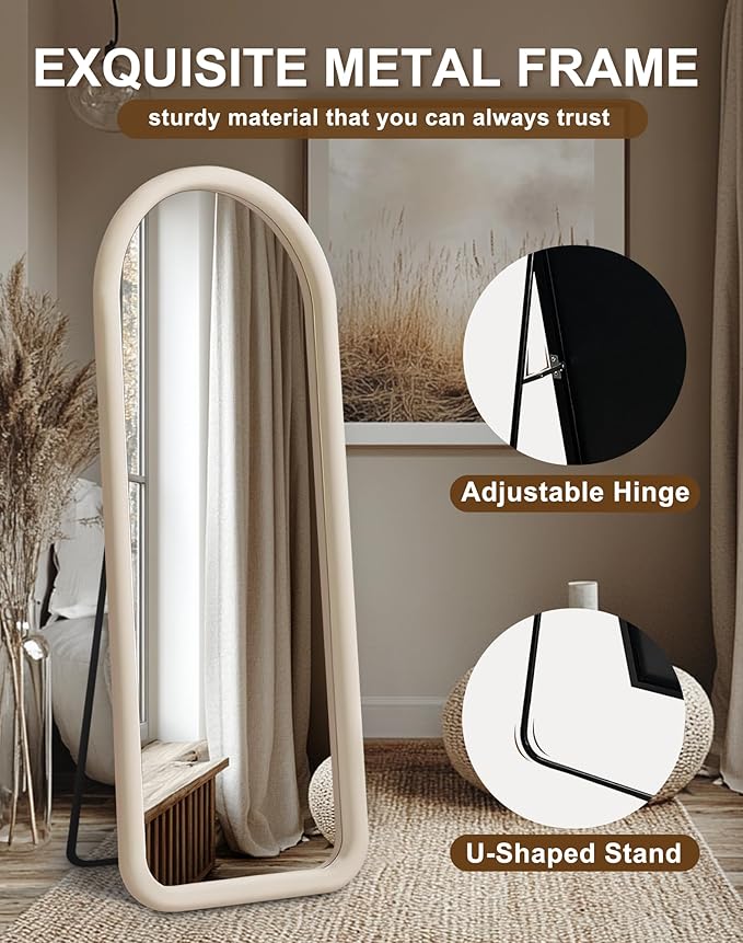 Delma Arched Full Length Mirror, Free Standing Floor Velvet Finish Frame Mirror for Leaning or Hanging, Soft Touch Bedroom & Living Room Decor, Cream White