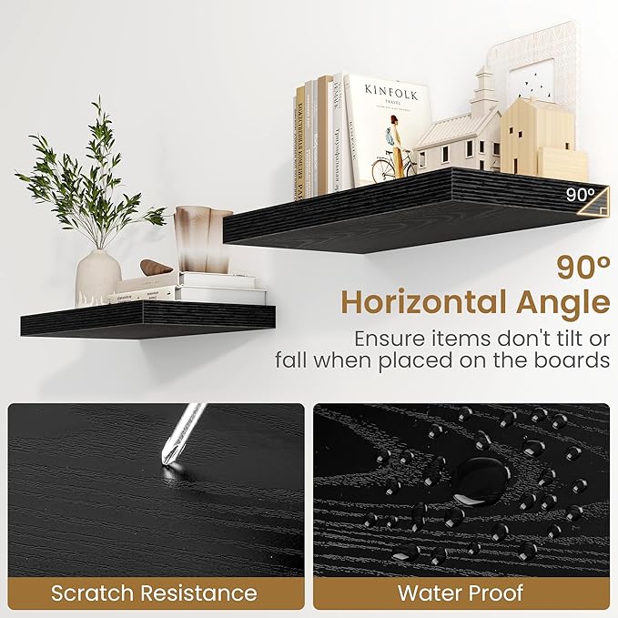 Fun Memories 48 Inch Floating Shelves in Black, 9.3 Inch Deep Wall Shelves for Bathroom, Living Room, Bedroom, Kitchen, Deep Long Shelf Wall Mounted 1 Pack Shelf for Books, Decor
