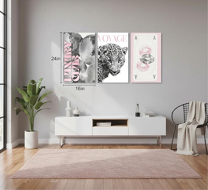 3pcs Pink Fashion Leopard Canvas Wall Art,Black and White Cheetah Pattern Printing Poster pictures,Funny Playing Card Lip Disco Ball wall decor for Girls' Room Living Room Bedroom 24x16in Framed