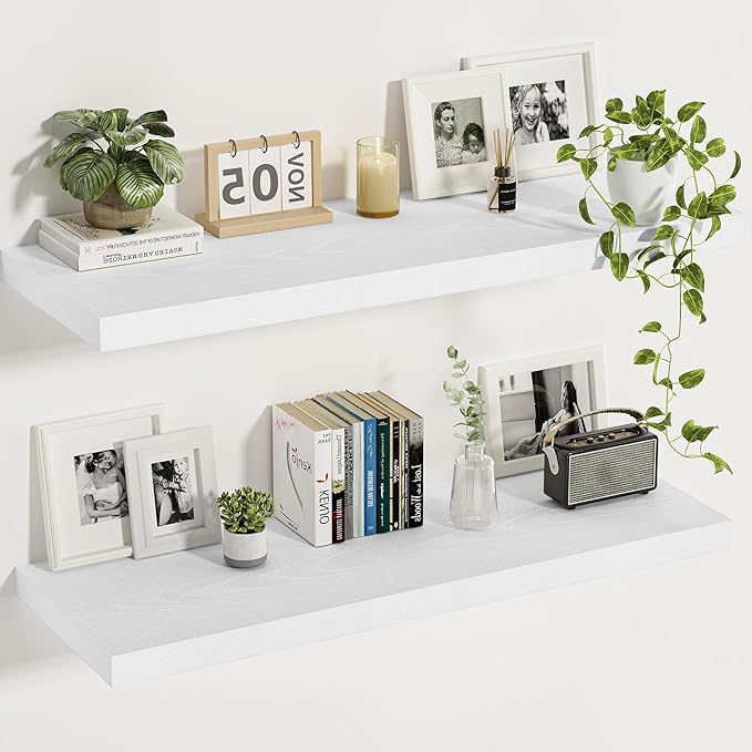 Vivelove White Floating Shelves 12 Inches Deep, [Wood Grain Texture] 36x12 Floating Shelves for Wall with Invisible Brackets, Room Shelves for Living Room Bedroom Kitchen Office, Set of 2