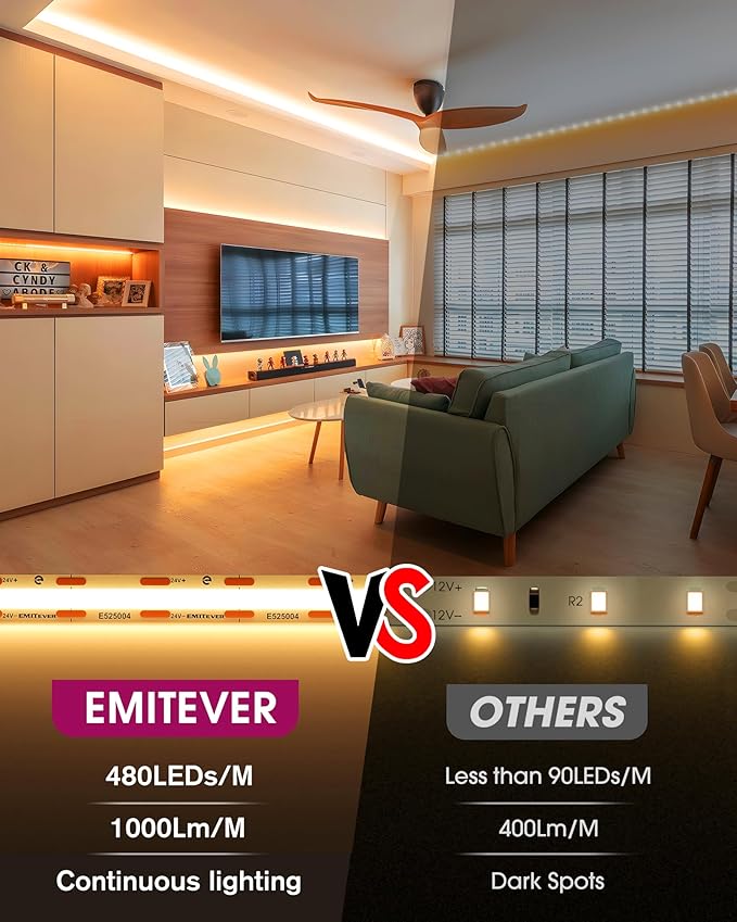 EMITEVER COB LED Strip Lights Warm White, 2700K Tape Light 32.8ft, Premium High Density, DC 24V, 300+Lumens/ft, 4800LEDs/Spool, Ra 90, 3W/ft, UL Listed 5 Year Warranty (Power Supply Sold Separately)