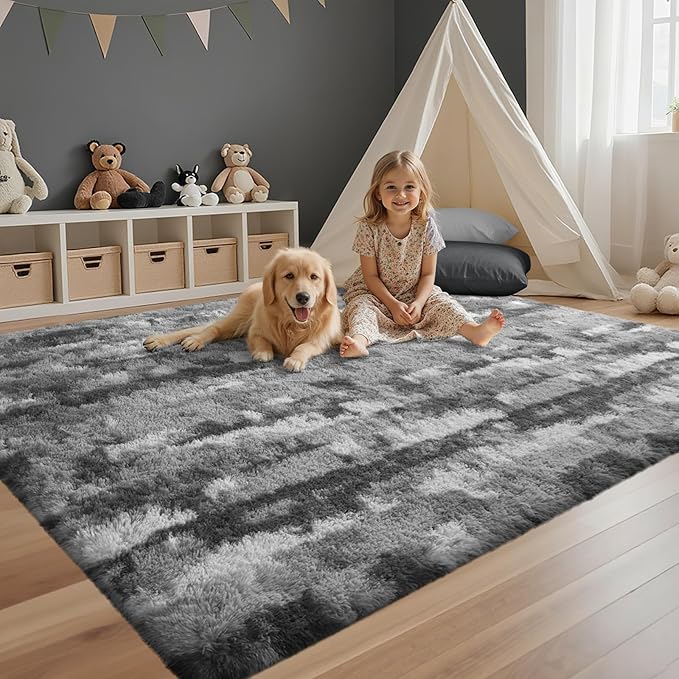4x6 Feet Area Rugs for Bedroom, Grey and White Plush Fluffy Shaggy Living Room Rugs Non-Slip, Ultra Soft Carpet for Nursery Kids PlayRoom Dorm Office Indoor